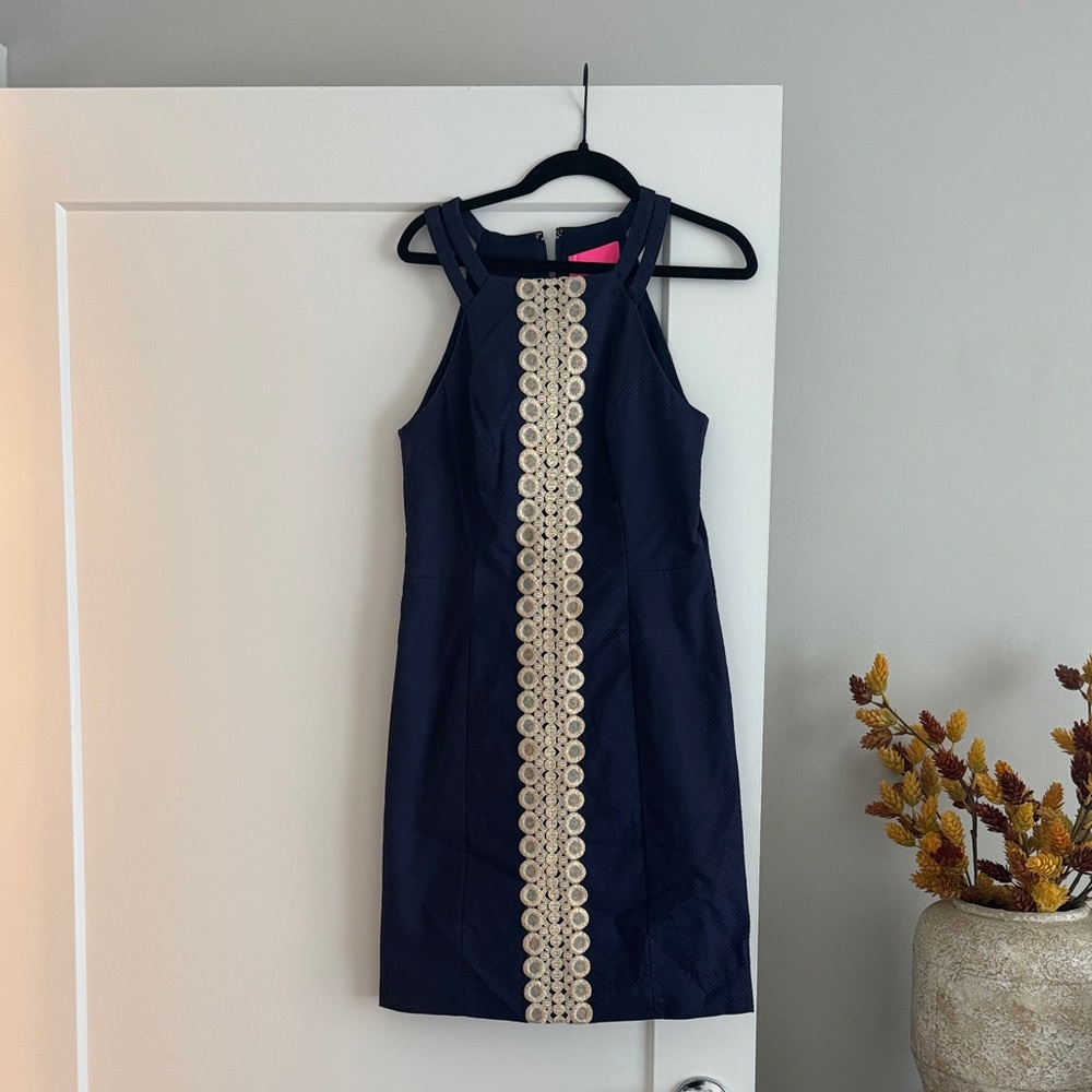 Lilly Pulitzer navy dress with gold embroidery